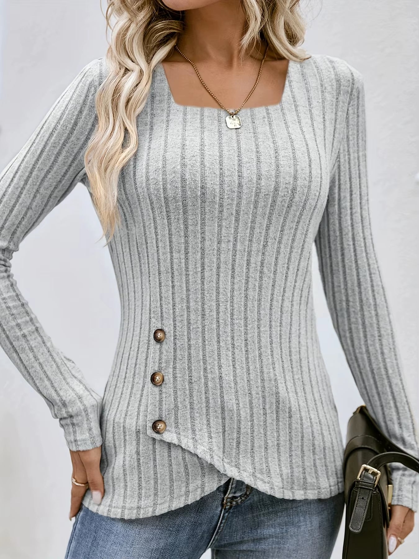 Square Neck Solid Ribbed Button Decort-Shirt, Casual Long Sleeve Top for Spring & Fall, Women'S Clothing