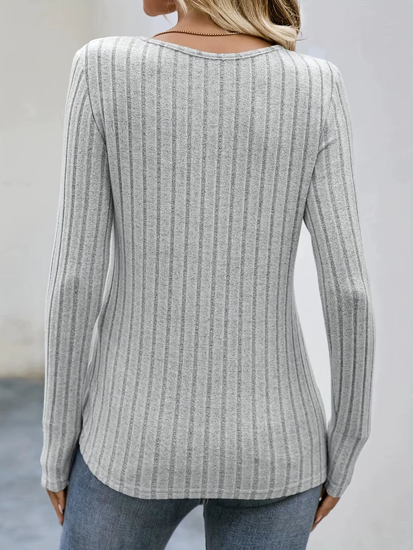 Square Neck Solid Ribbed Button Decort-Shirt, Casual Long Sleeve Top for Spring & Fall, Women'S Clothing