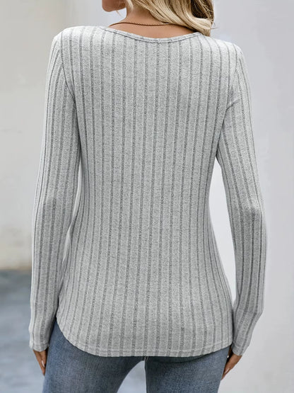 Square Neck Solid Ribbed Button Decort-Shirt, Casual Long Sleeve Top for Spring & Fall, Women'S Clothing