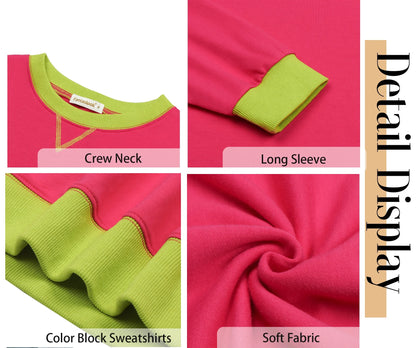 Color Block Sweatshirts for Women Crewneck Long Sleeve Oversized Pullover Tops Casual Fall Outfits