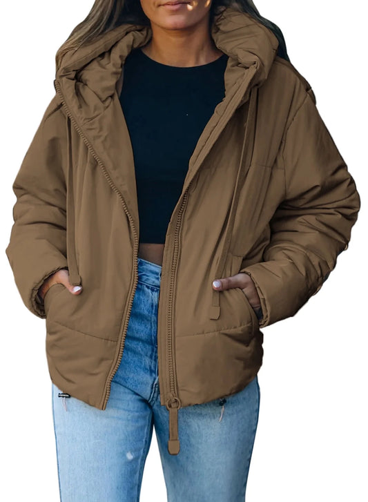 Womens Full Zipper Hooded Puffer Jacket Short Coat with Pockets Petite