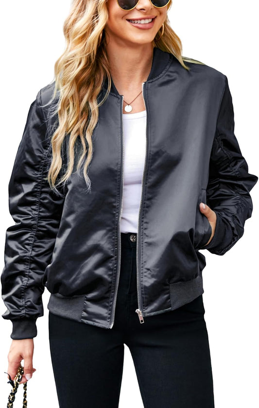 Bomber Jacket Women Zip up Casual Jackets Coat Oversized with Pockets Fall Outfits