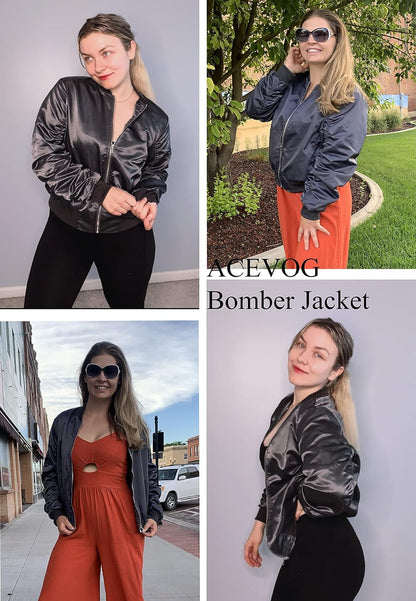 Bomber Jacket Women Zip up Casual Jackets Coat Oversized with Pockets Fall Outfits